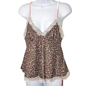 New Y2K Babydoll Leopard Cami Top Medium Lace Trim Coquette Festival Indie